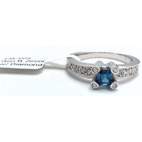 Natural 0.45 cts Blue Zircon & Diamonds Ring 14k White Gold